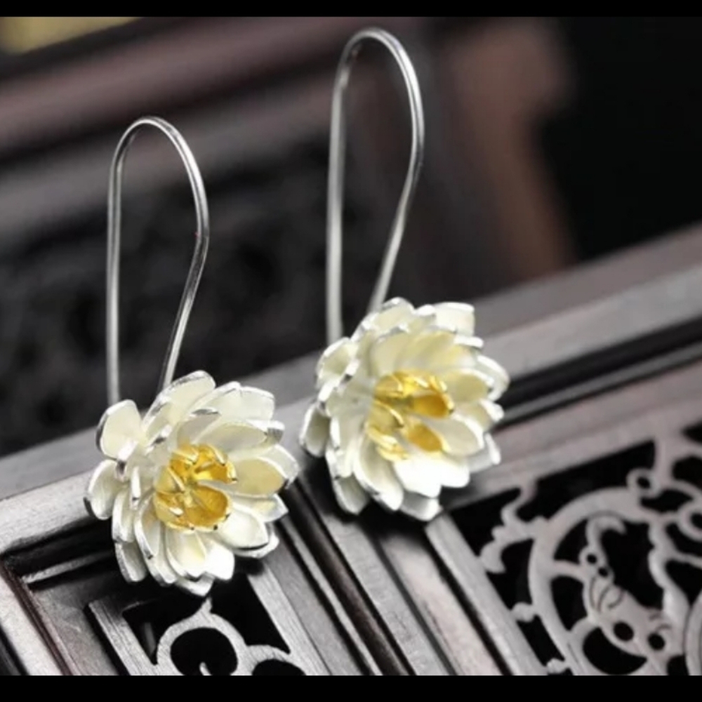 925 Silver Gold Long Feed Through Flower Earrings